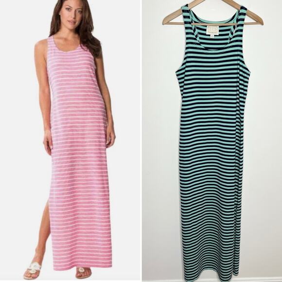 Sail to Sable Dresses & Skirts - Sail To Sable Women Sleeveless Maxi Dress XS Green Navy Stripe Side Slit Coastal